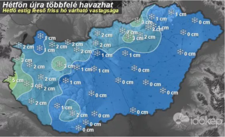 Hétfőn napközben nyugat felől tovább vastagszik a felhőzet, és egyre többfelé számíthatunk havas esőre, kisebb havazásra, a délebbi tájakon gyenge esőre. Éjjel ez a csapadékzóna északkelet felé távozik. Helyenként már ebből is hullhat 2-5 cm hó.