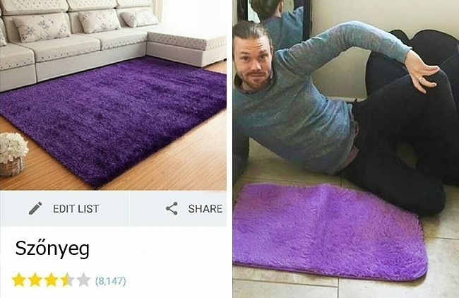 A szőnyeg végső soron lila, de a nappaliban érdekesen festene, tekintve, hogy a szállításnál lényegesen redukálódott a mérete. Az egyetlen pozitívum, hogy még ilyen formában is felhasználható, jó lesz kilépőnek a zuhany elé. A szőnyeg végső soron lila, de a nappaliban érdekesen festene, tekintve, hogy a szállításnál lényegesen redukálódott a mérete. Az egyetlen pozitívum, hogy még ilyen formában is felhasználható, jó lesz kilépőnek a zuhany elé.